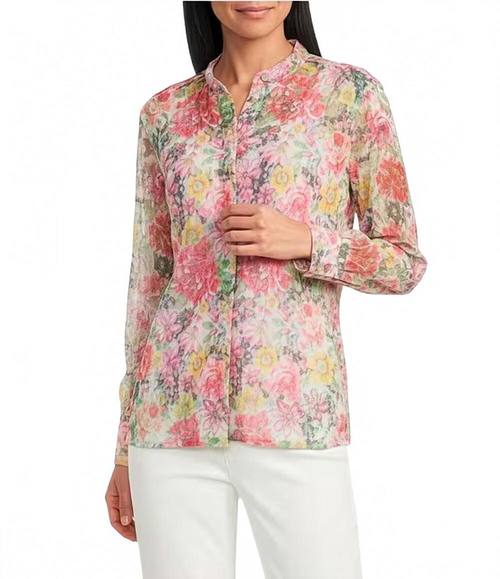 NEW JOHN MARK abstract floral lace blouse in pink multi